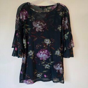 Zac & Rachel Navy Floral 2 Layer Sheer Top with Tank, Ruffle Sleeve Small
